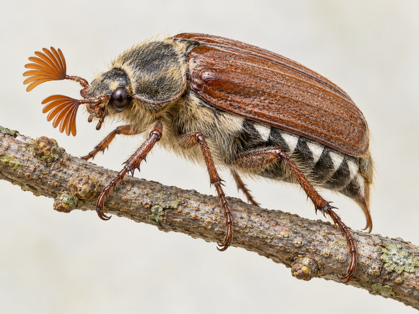 Naturkundliche Illustration eines Maikäfers mit sichtbaren Fächerfühlern und weißen Seitendreiecken.
