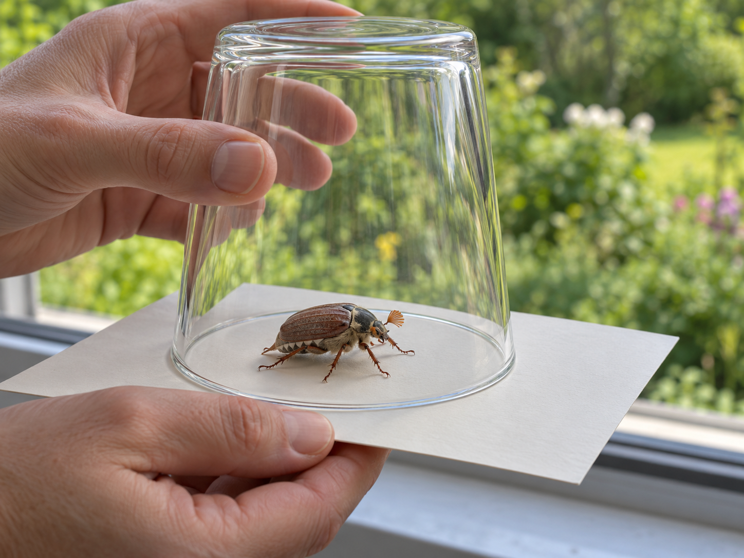 Ein Maikäfer steht unter einem geräumigen Glas auf einer Karte und wird vorsichtig getragen.