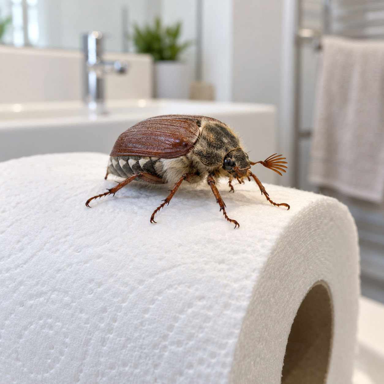 Ein brauner Maikäfer mit Fächerfühlern sitzt auf einer weißen Toilettenpapierrolle.