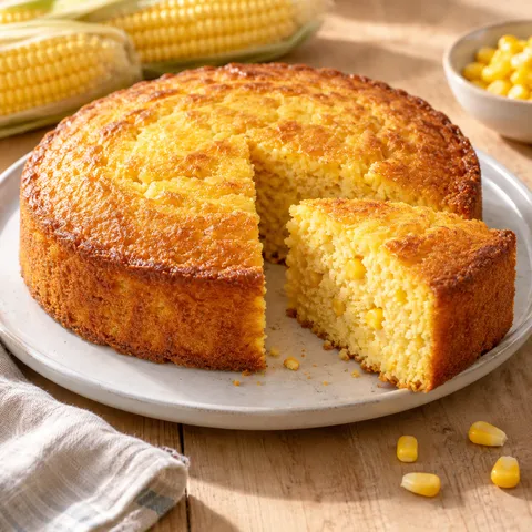 Goldgelber Maiskuchen mit saftiger Krume auf einer hellen Platte