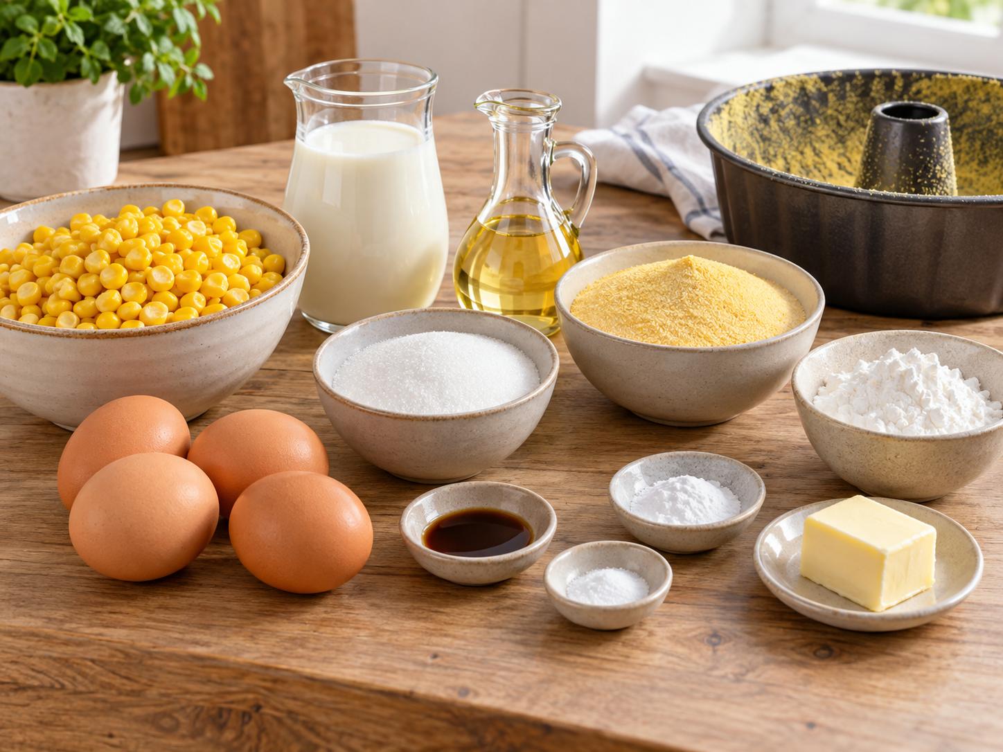 Zutaten für Maiskuchen mit Mais, Eiern, Milch und Polenta