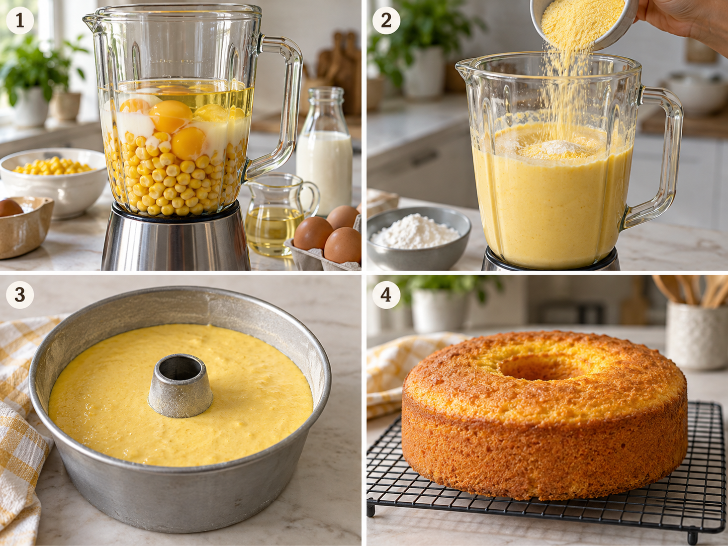 Vier Schritte für Maiskuchen vom Mixen bis zum gebackenen Kuchen