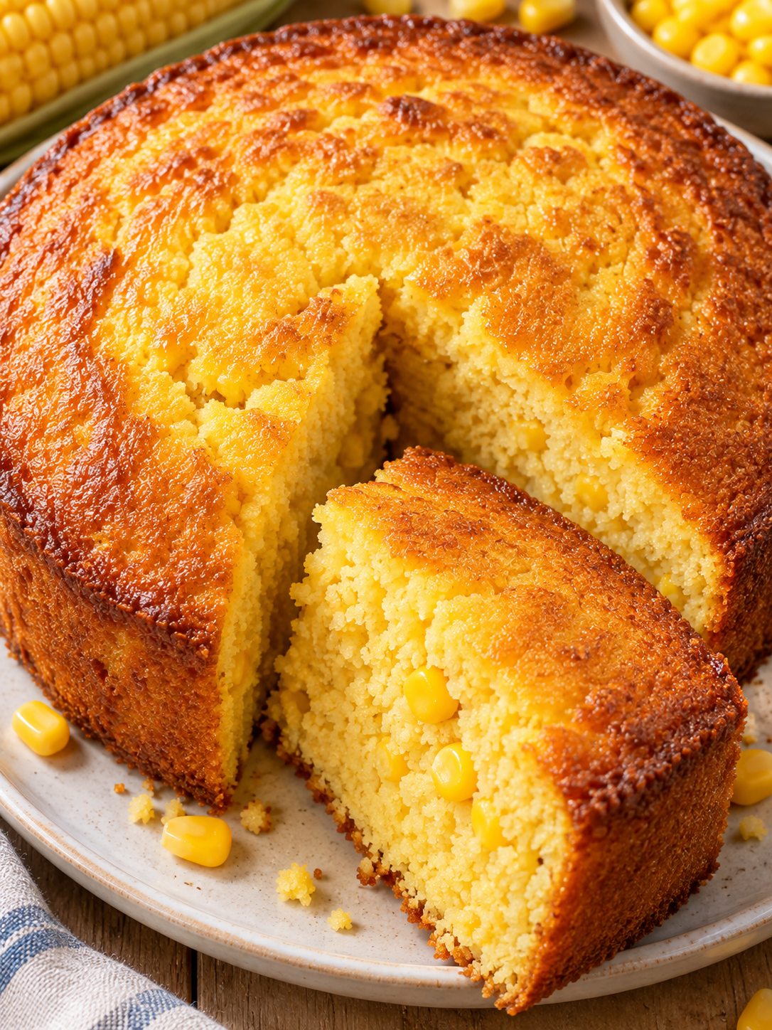 Goldgelbe Maiskuchenstücke mit feiner Krume auf heller Platte
