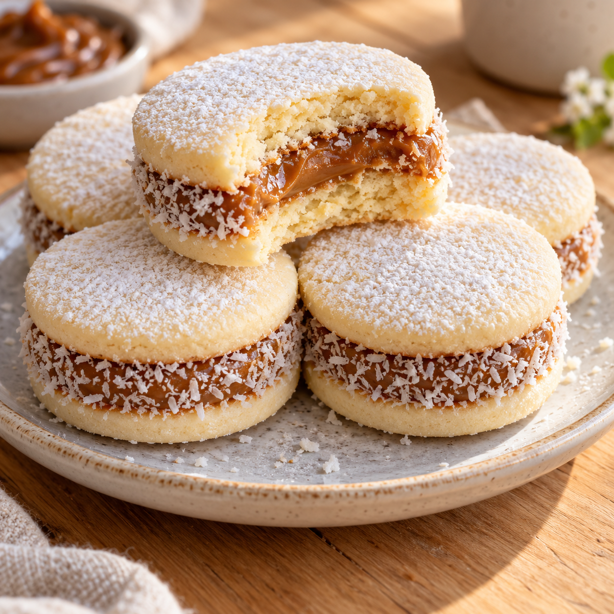 Maisstärke-Alfajores mit Dulce de Leche und Kokosrand auf einem Teller