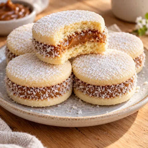 Maisstärke-Alfajores mit Dulce de Leche und Kokosrand auf einem Teller
