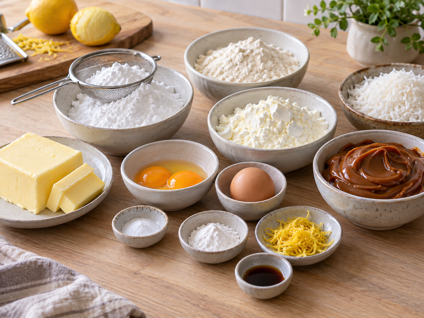 Zutaten für Maisstärke-Alfajores mit Butter, Stärke, Eiern und Dulce de Leche