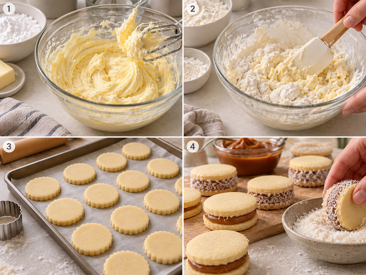 Vier Schritte für Maisstärke-Alfajores vom Teig bis zum Füllen