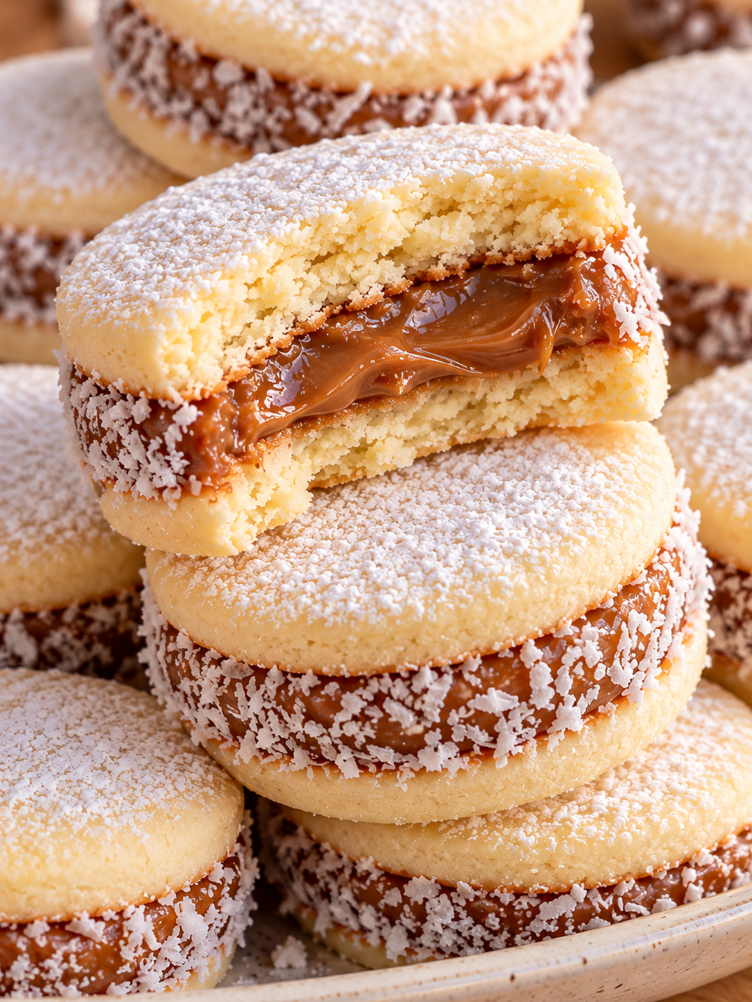 Gefüllte Maisstärke-Alfajores mit sichtbarer Dulce-de-Leche-Schicht und Kokos