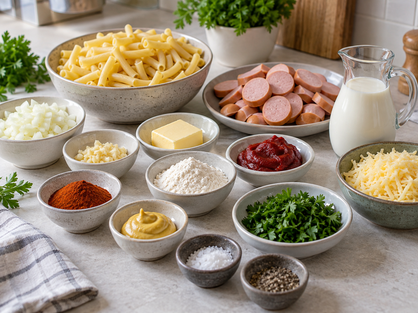 Zutaten für Makkaroni-Wurst-Pfanne mit Nudeln, Wurst, Käse und Milch