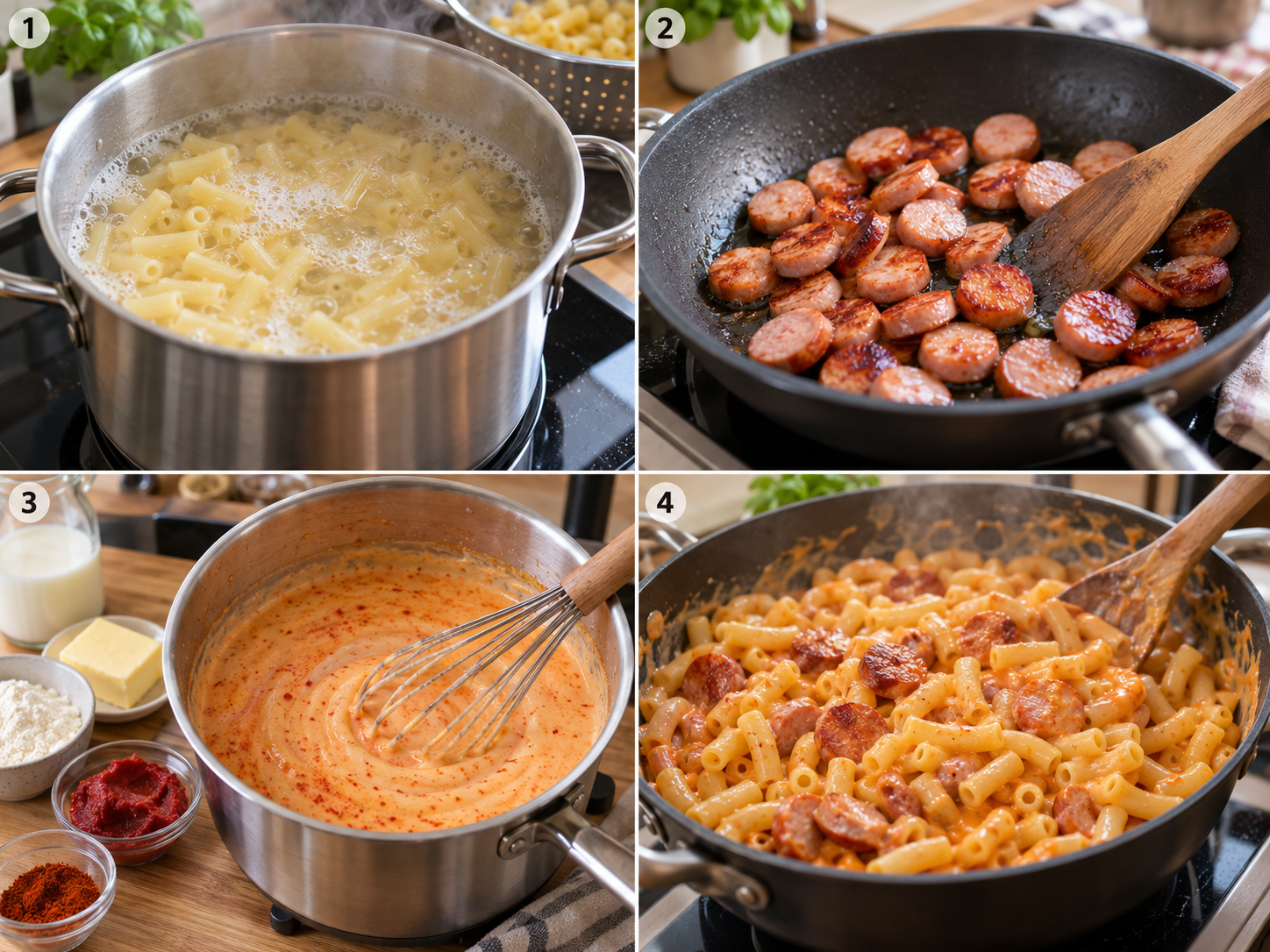 Vier Zubereitungsschritte für cremige Makkaroni-Wurst-Pfanne