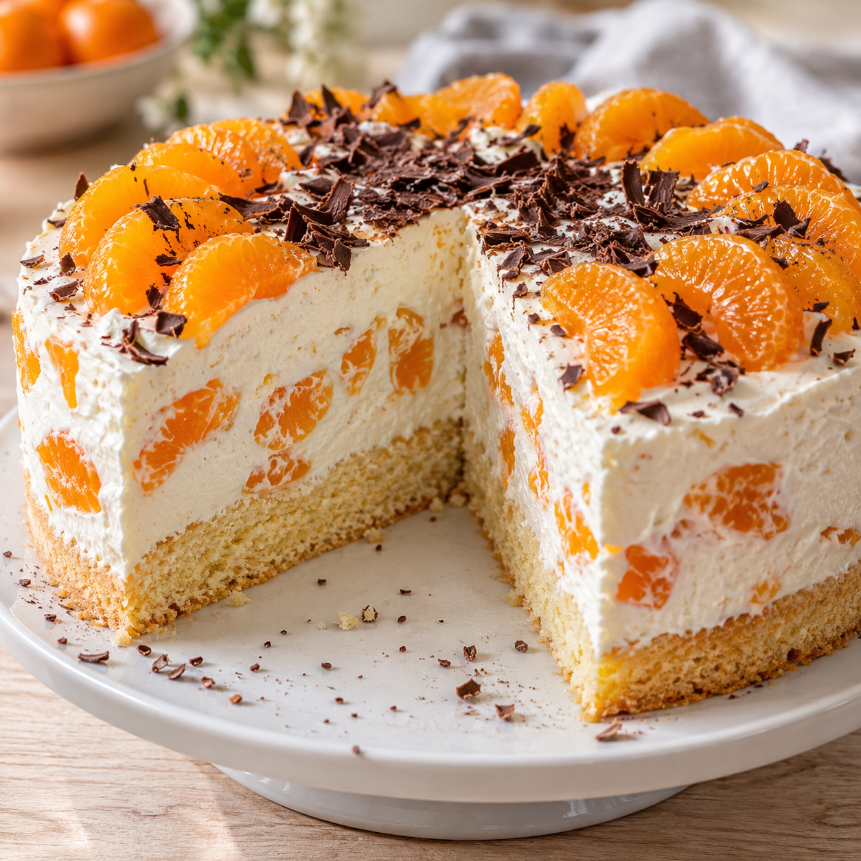 Mandarinen-Calypso-Torte mit heller Creme und Schokoraspeln