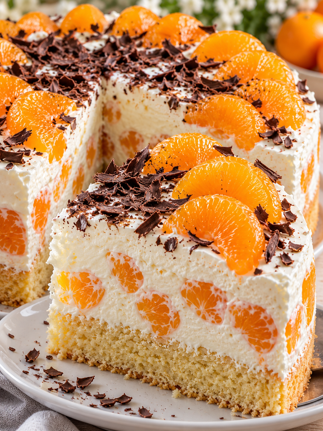 Cremiges Stück Mandarinen-Calypso-Torte mit Schokoraspeln
