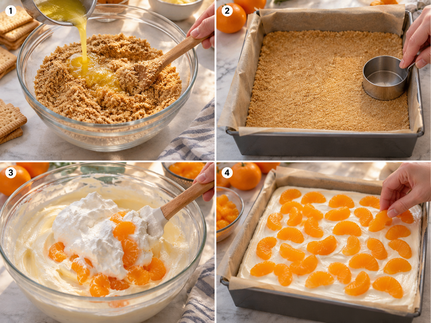 Vier Schritte für Mandarinen-Kühlschrankkuchen mit Keksboden und Creme