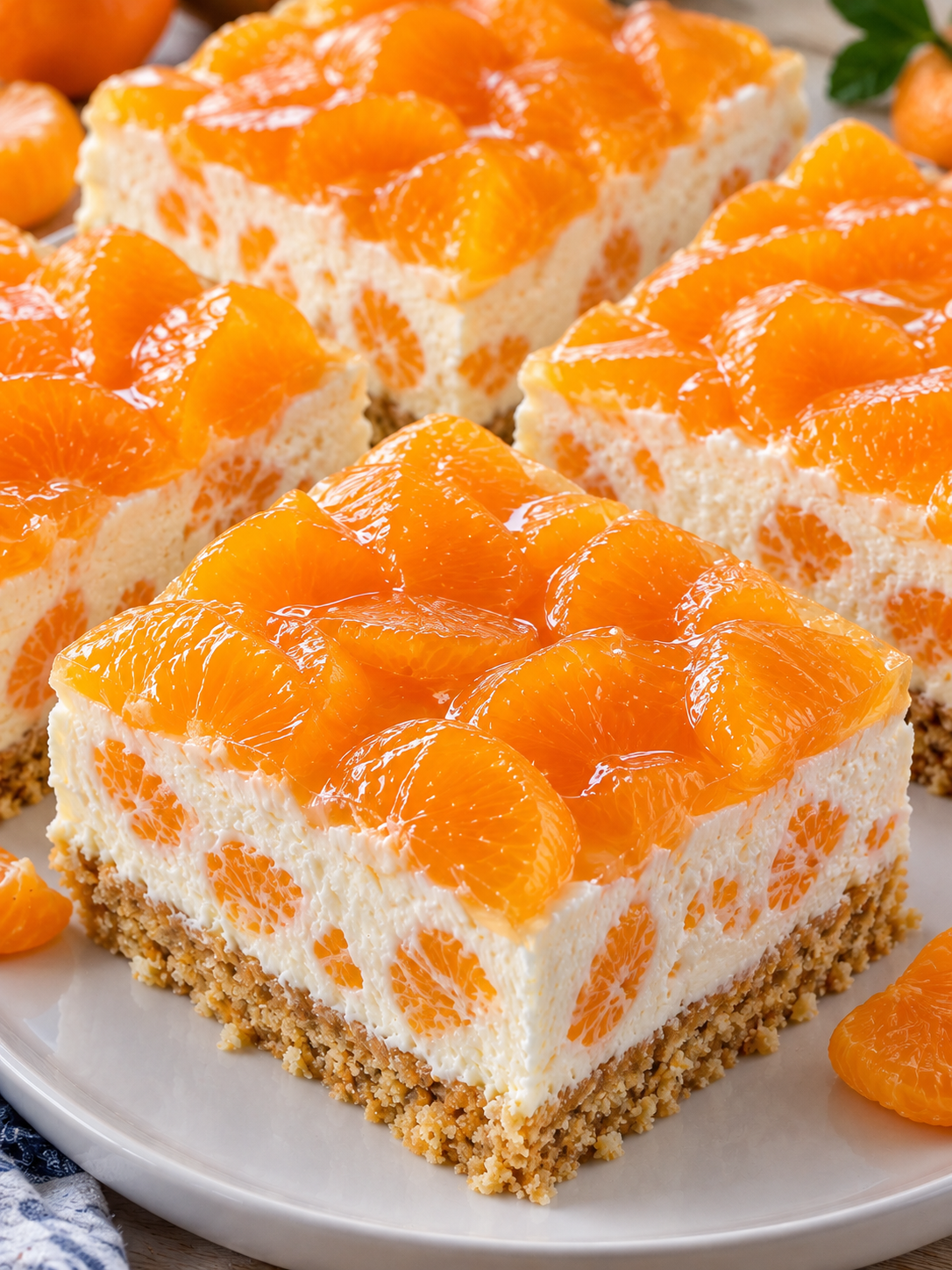 Mandarinen-Kühlschrankkuchen in Stücken mit cremiger Füllung