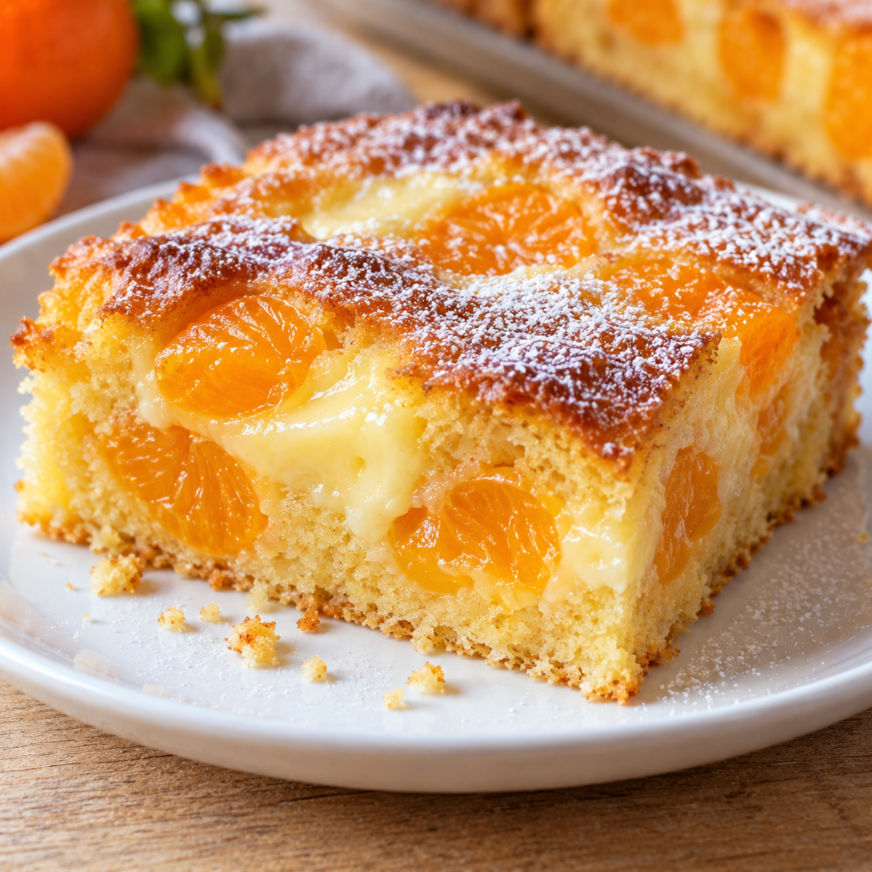 Mandarinen-Puddingkuchen mit Vanillepudding und Puderzucker