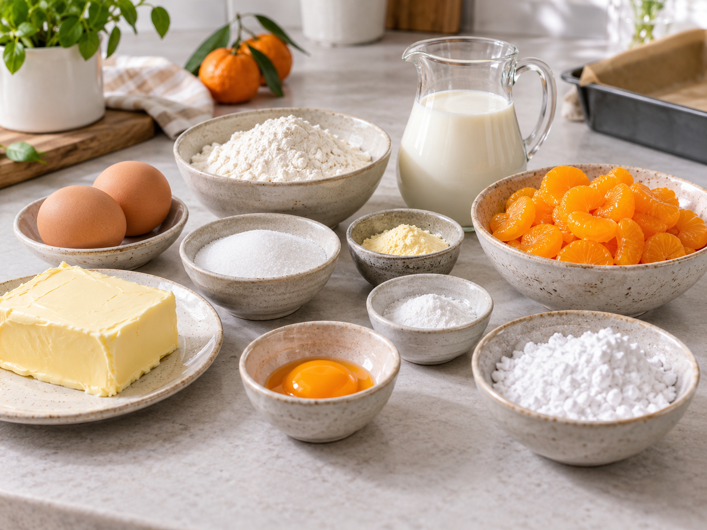 Zutaten für Mandarinen-Puddingkuchen mit Butter, Milch und Mandarinen