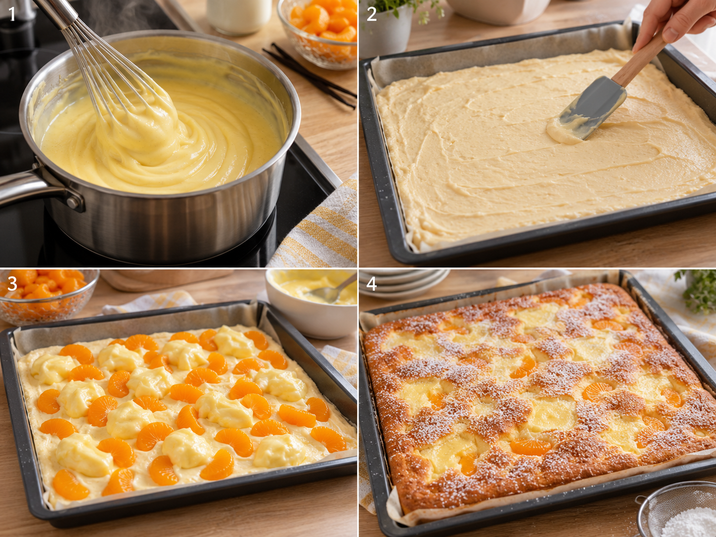 Vier Schritte für Mandarinen-Puddingkuchen vom Blech