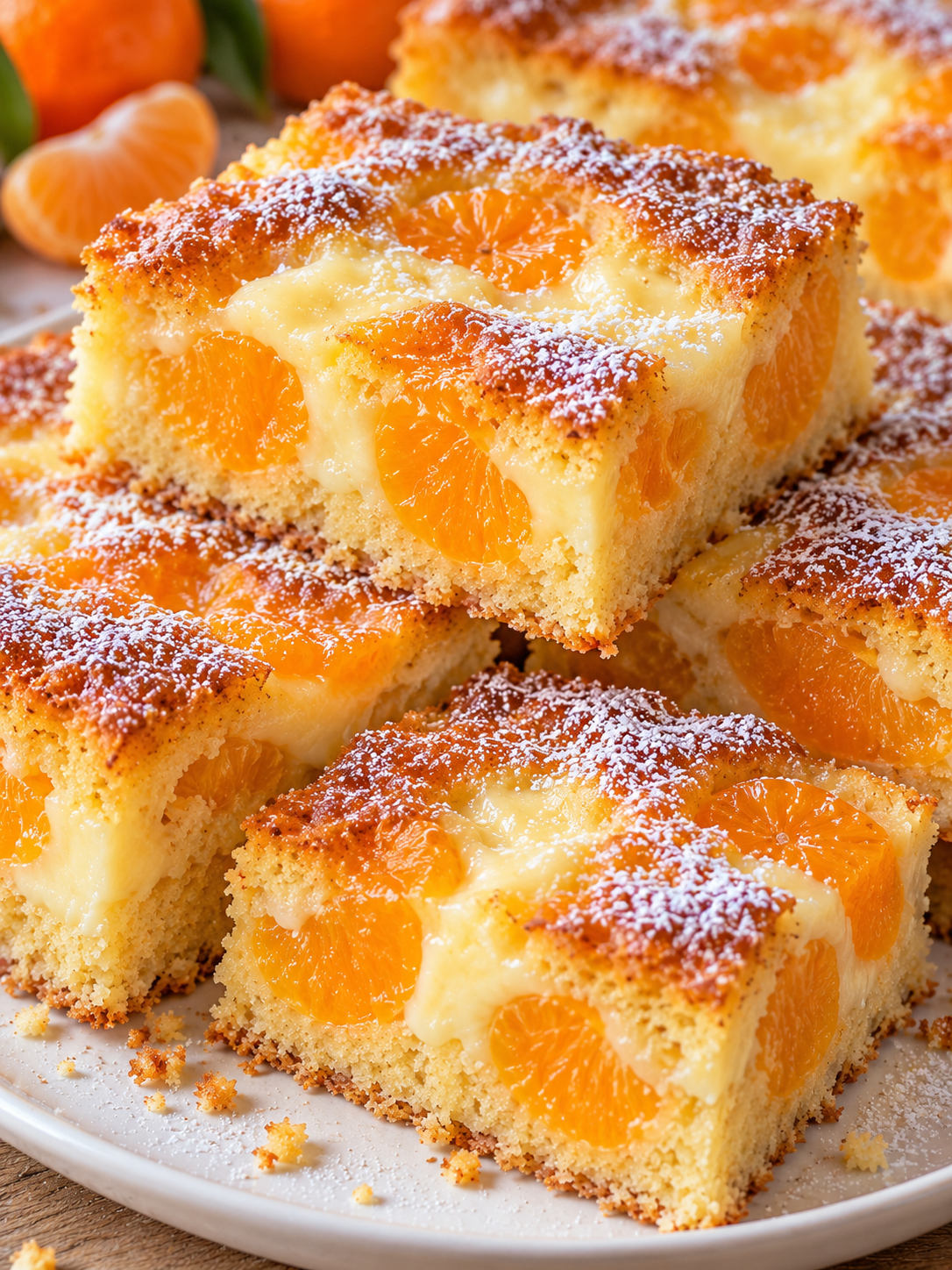 Gestapelte Stücke Mandarinen-Puddingkuchen mit Puderzucker
