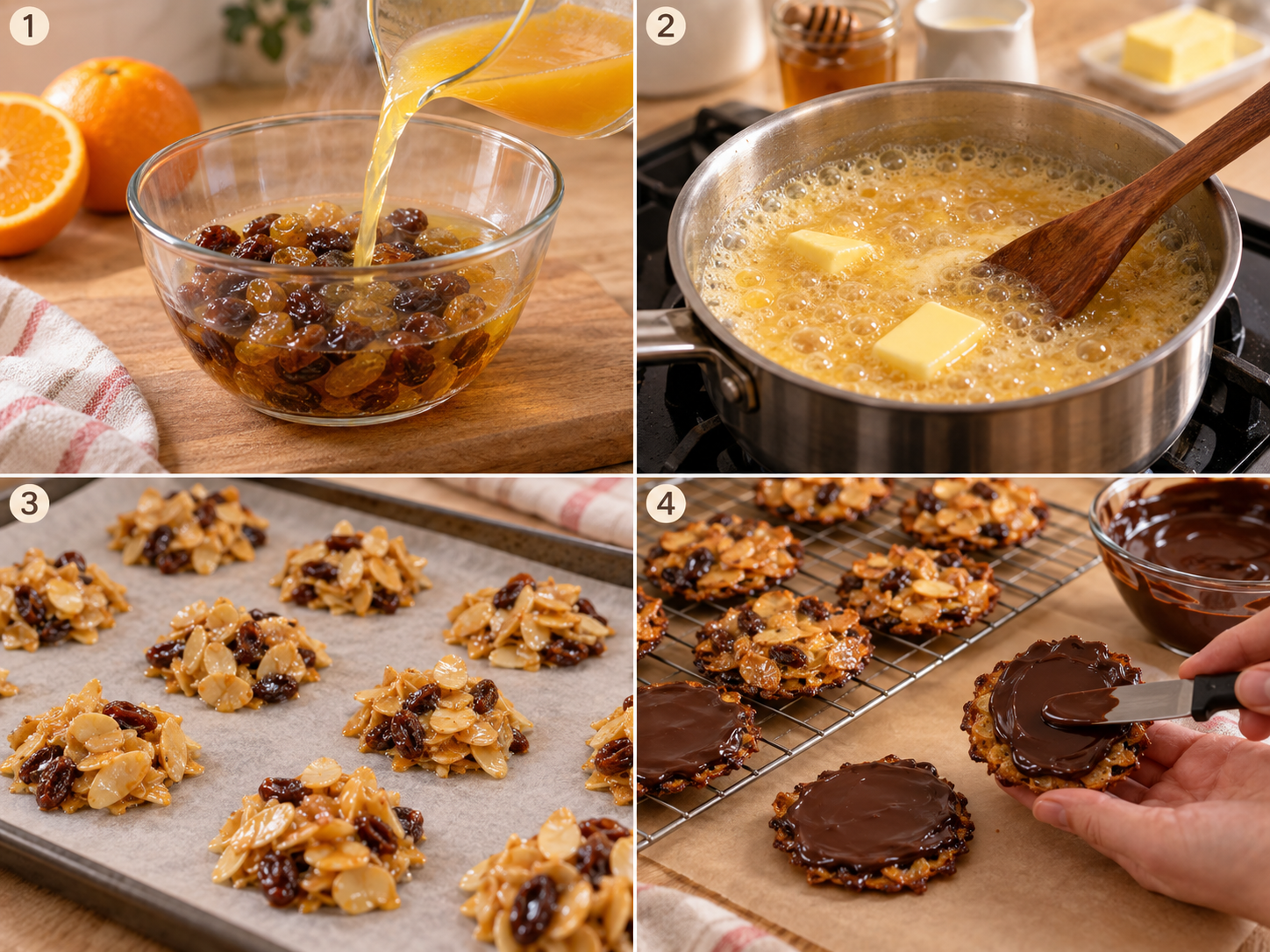 Vier Schritte beim Backen von Mandel-Florentinern