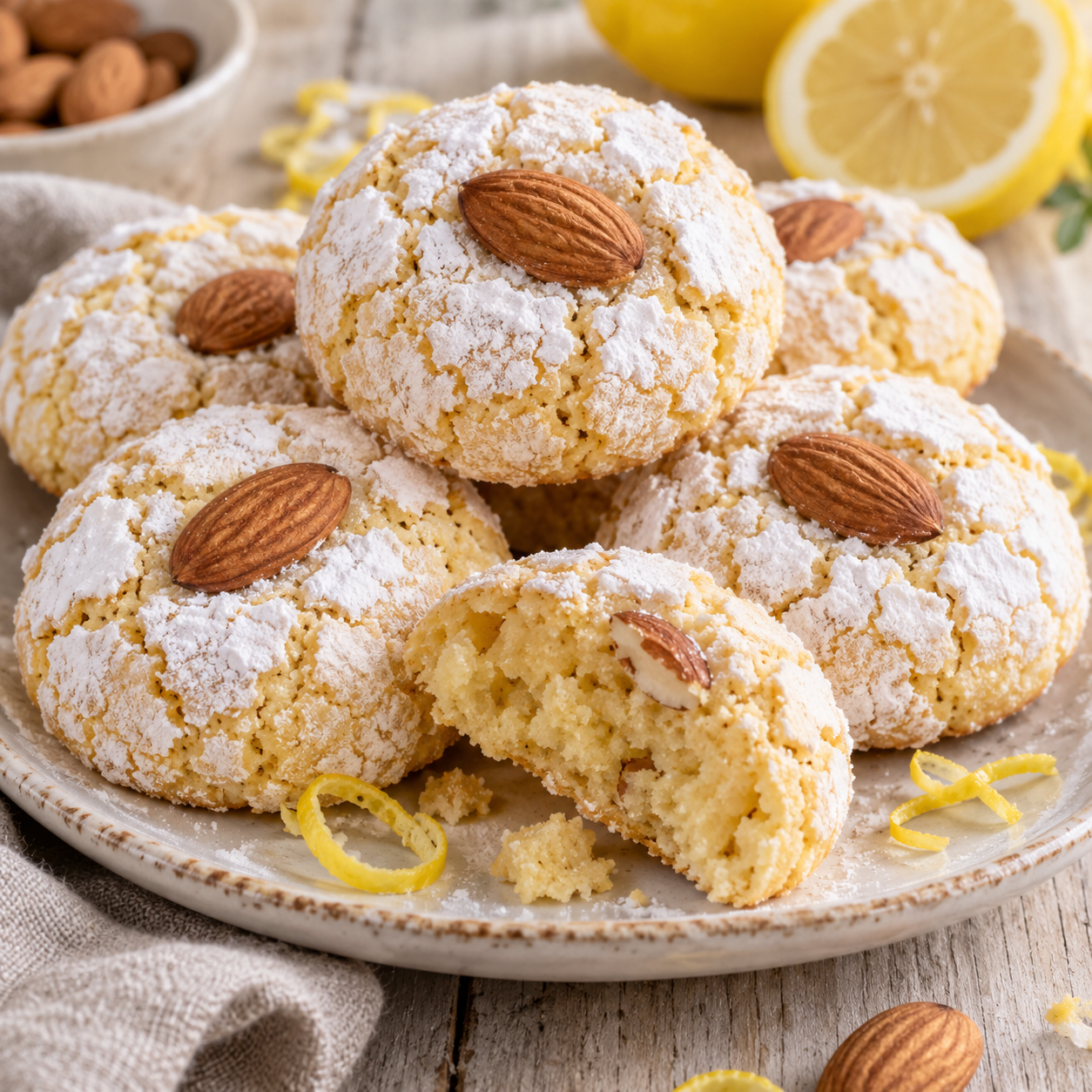 Mandel-Zitronen-Kekse mit rissiger Puderzuckerhülle und Mandel