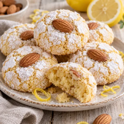 Mandel-Zitronen-Kekse mit rissiger Puderzuckerhülle und Mandel