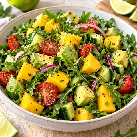 Mango-Avocado-Salat mit Rucola, Tomaten und Limetten-Dressing
