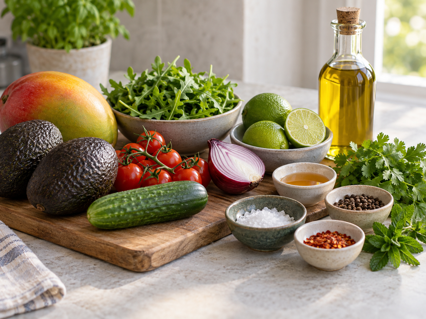 Zutaten für Mango-Avocado-Salat mit Limetten, Rucola und Tomaten