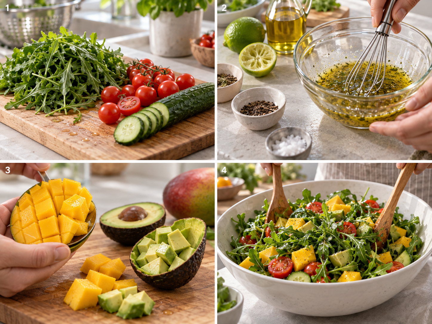 Vier Schritte für Mango-Avocado-Salat vom Schneiden bis zum Mischen