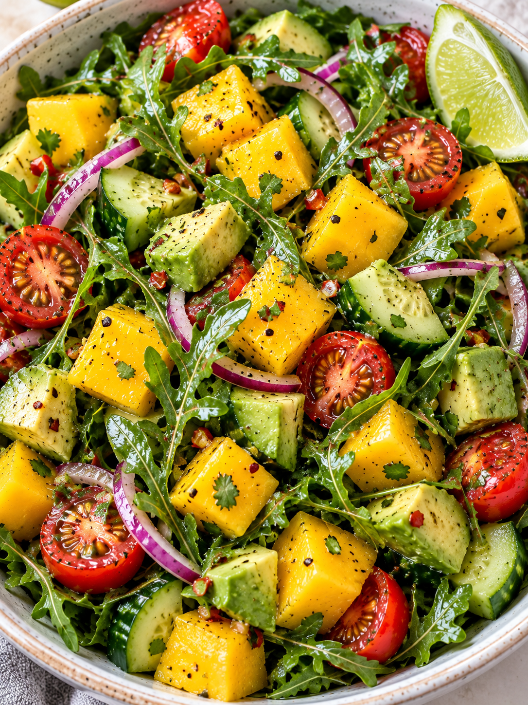 Bunter Mango-Avocado-Salat mit Tomaten, Gurke und Rucola