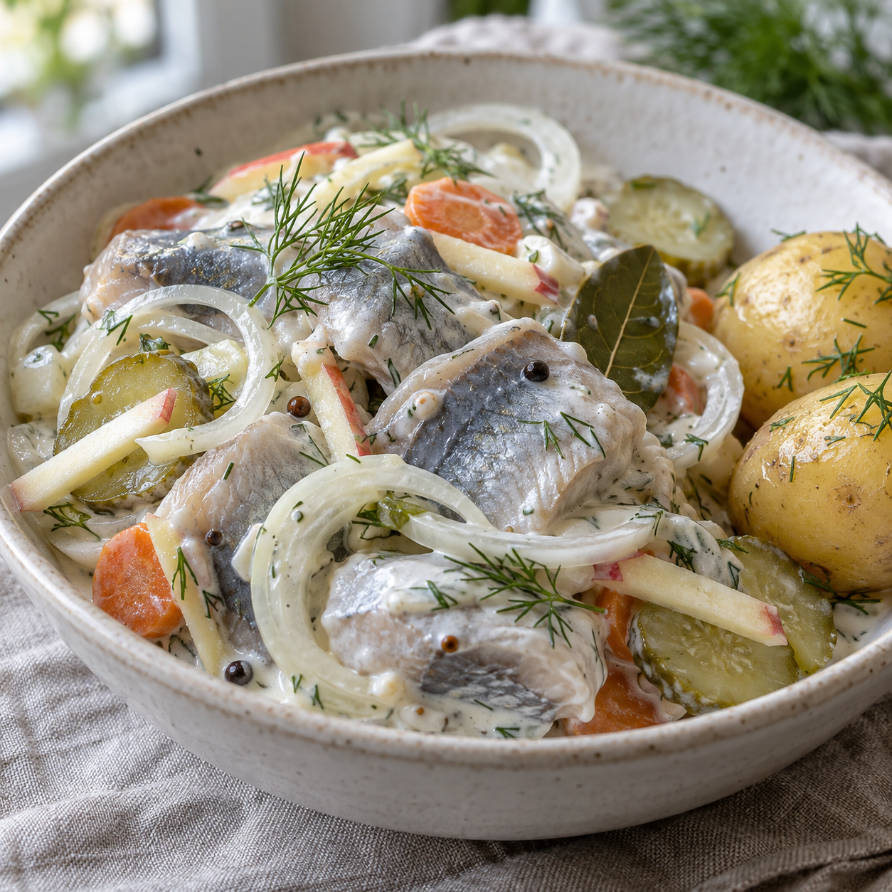 Marinierte Heringe in cremiger Sauce mit Pellkartoffeln