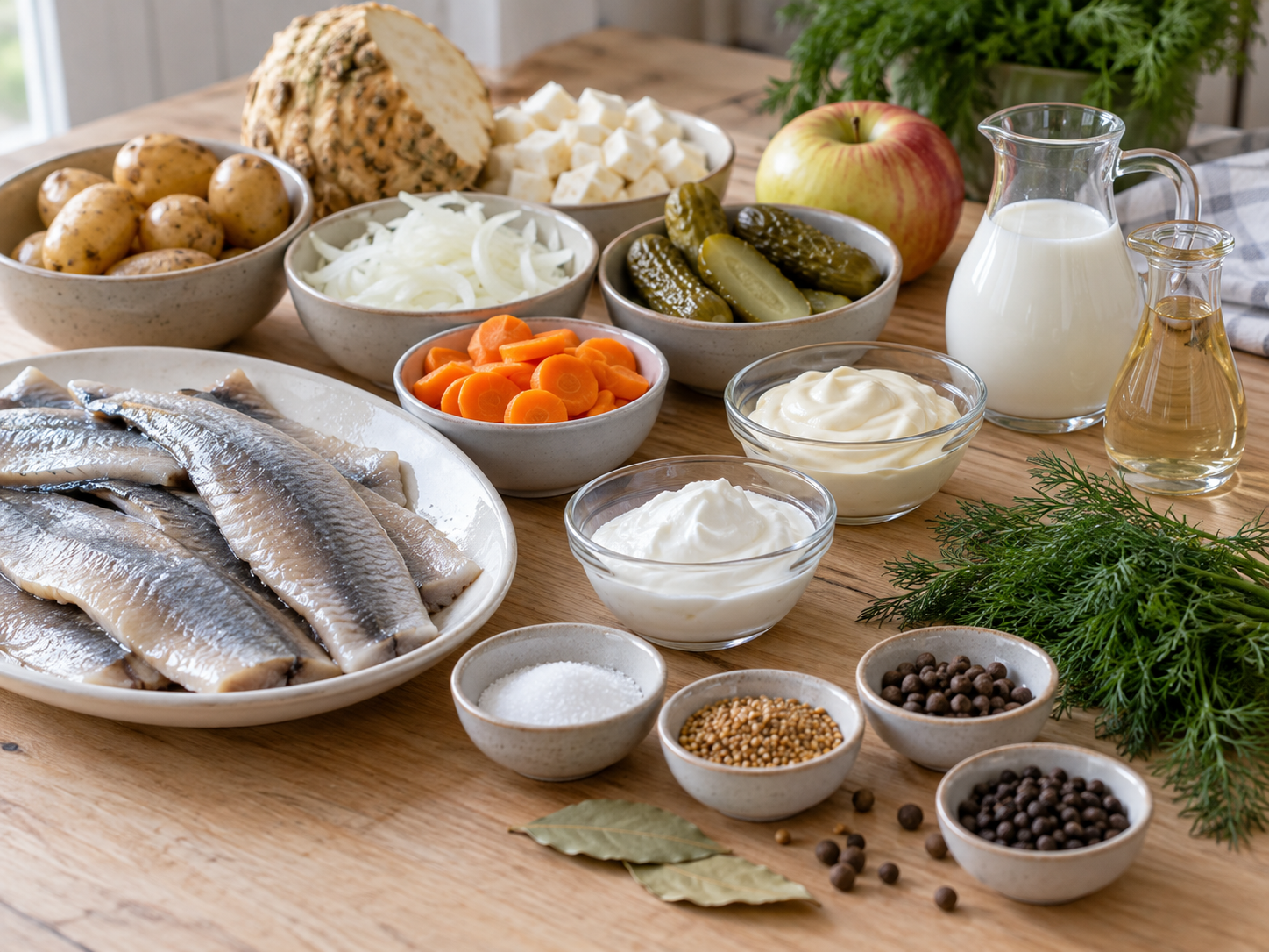 Zutaten für marinierte Heringe mit Gemüse, Apfel und Kartoffeln
