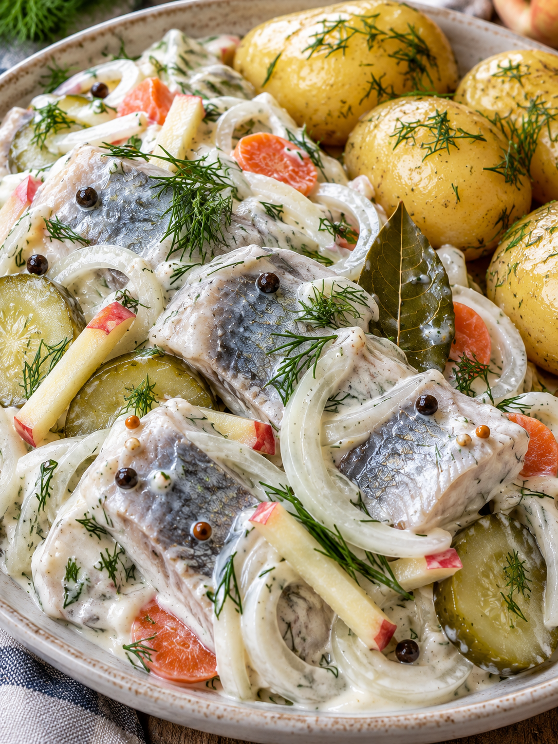 Cremige marinierte Heringe mit Dill und warmen Pellkartoffeln