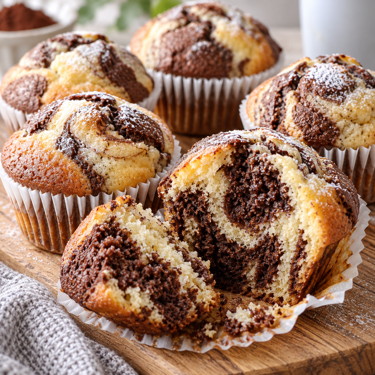 Marmor-Muffins in Papierförmchen mit sichtbarem Schoko-Vanille-Wirbel