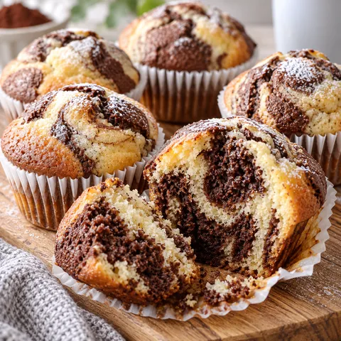 Marmor-Muffins in Papierförmchen mit sichtbarem Schoko-Vanille-Wirbel