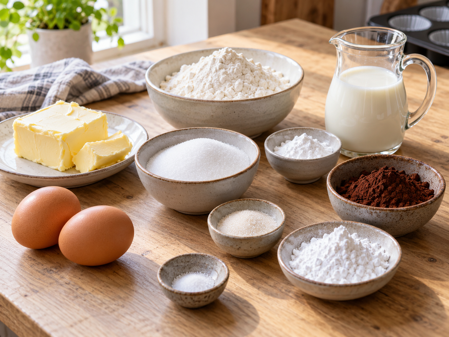 Zutaten für Marmor-Muffins mit Kakao, Butter, Eiern, Mehl und Milch