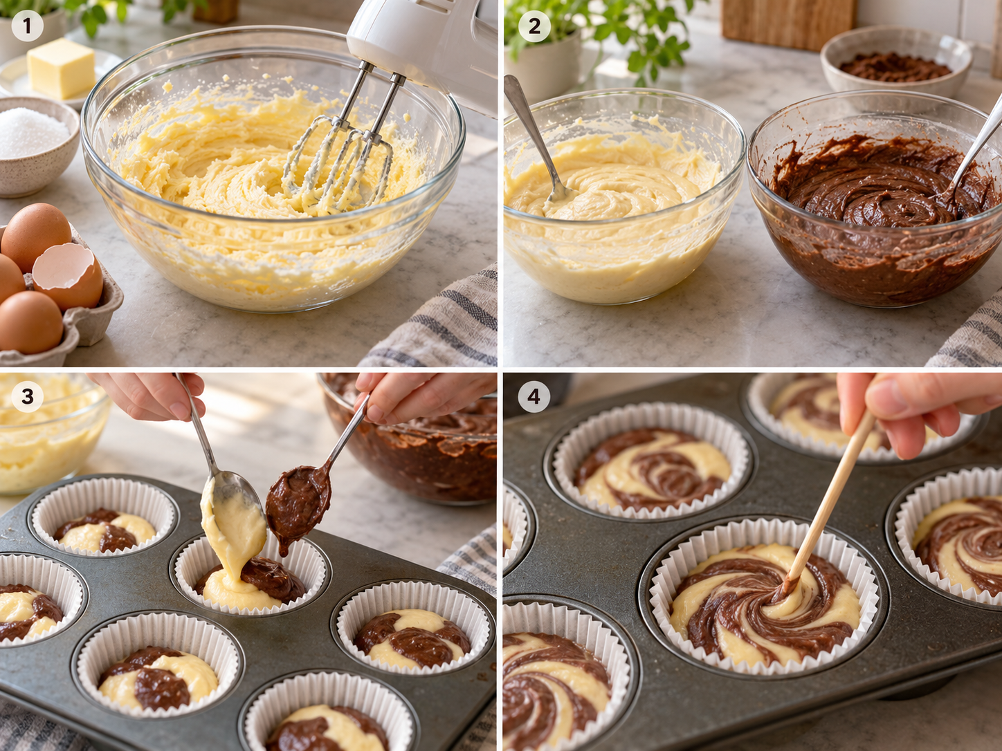 Vier Schritte für Marmor-Muffins vom Rührteig bis zum Marmorieren