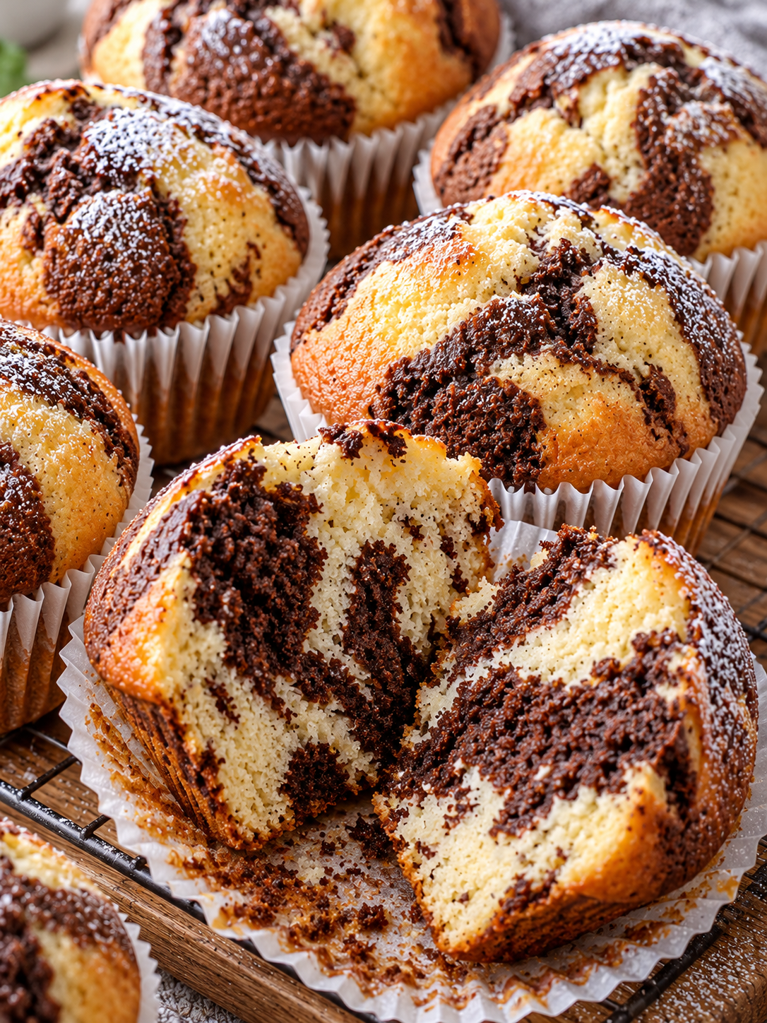 Marmor-Muffins mit saftiger Schoko-Vanille-Krume und Puderzucker