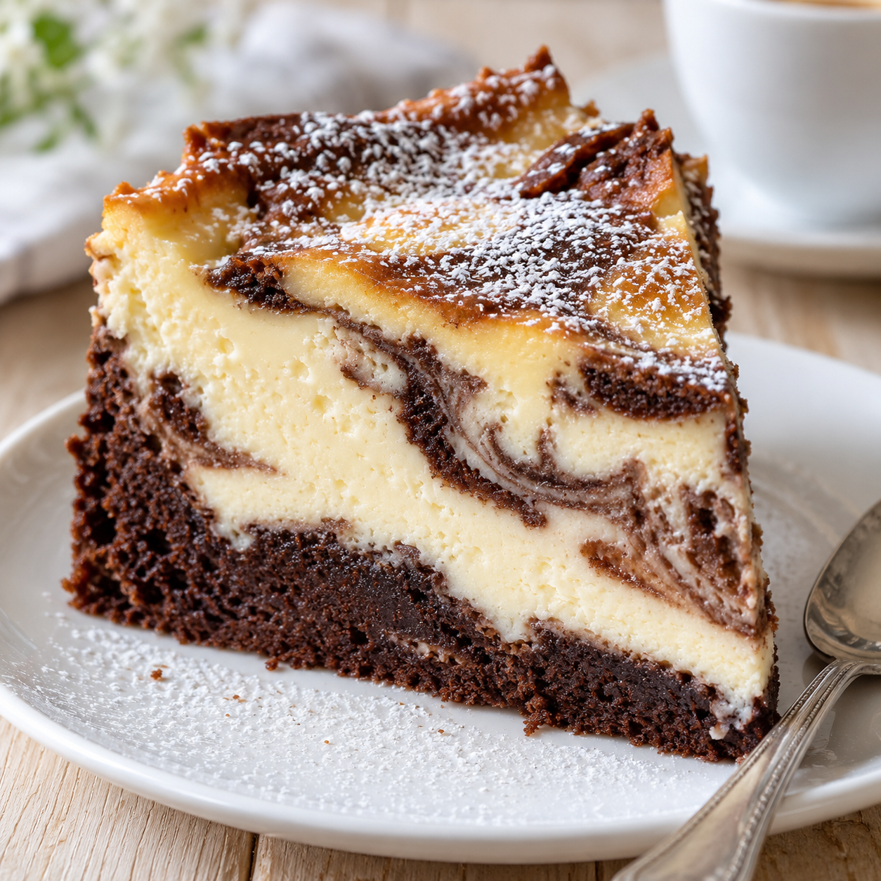 Marmorierter Schmandkuchen mit Schokoteig, Cremefüllung und Puderzucker