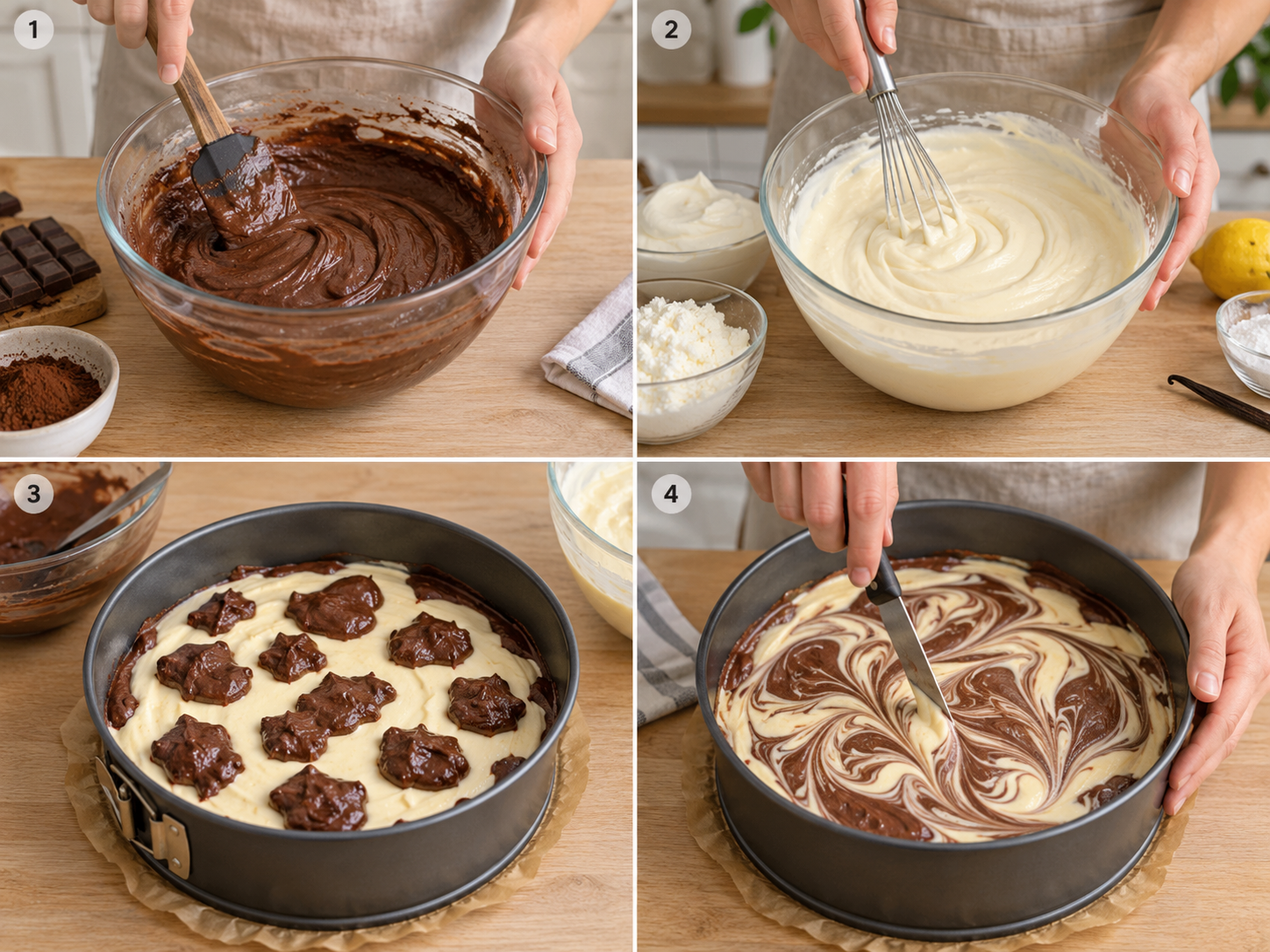 Vier Schritte beim Schichten und Marmorieren von Schmandkuchen