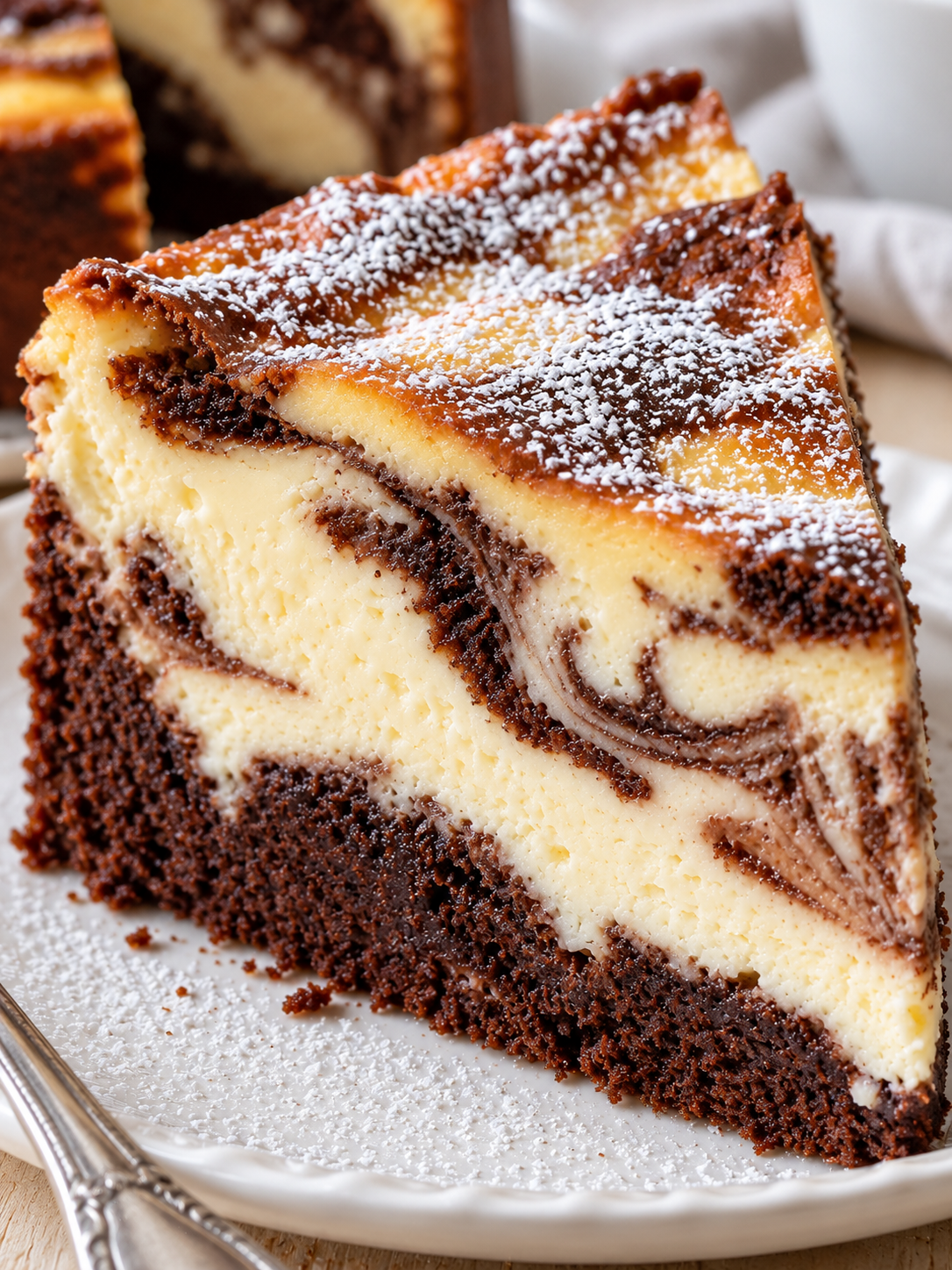 Hohes Stück Marmorierter Schmandkuchen mit cremigen Schichten und Puderzucker