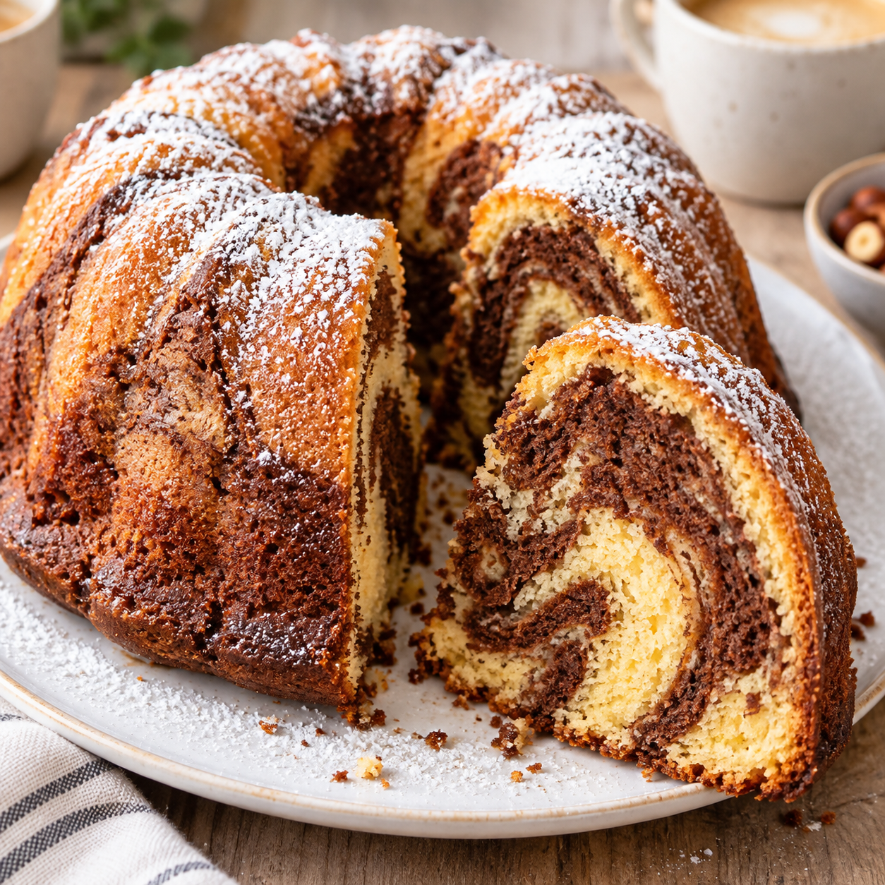 Angeschnittener Marmorkuchen mit Nutella und Puderzucker