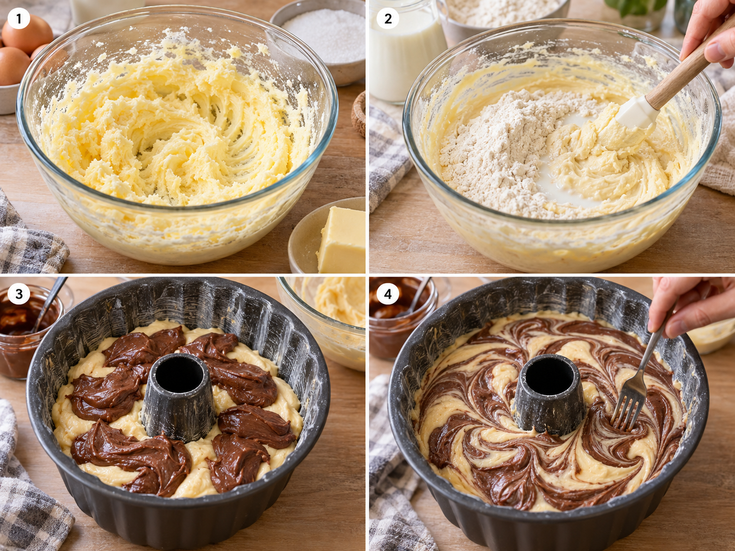 Vier Schritte für Marmorkuchen mit Nutella vom Rühren bis Marmorieren