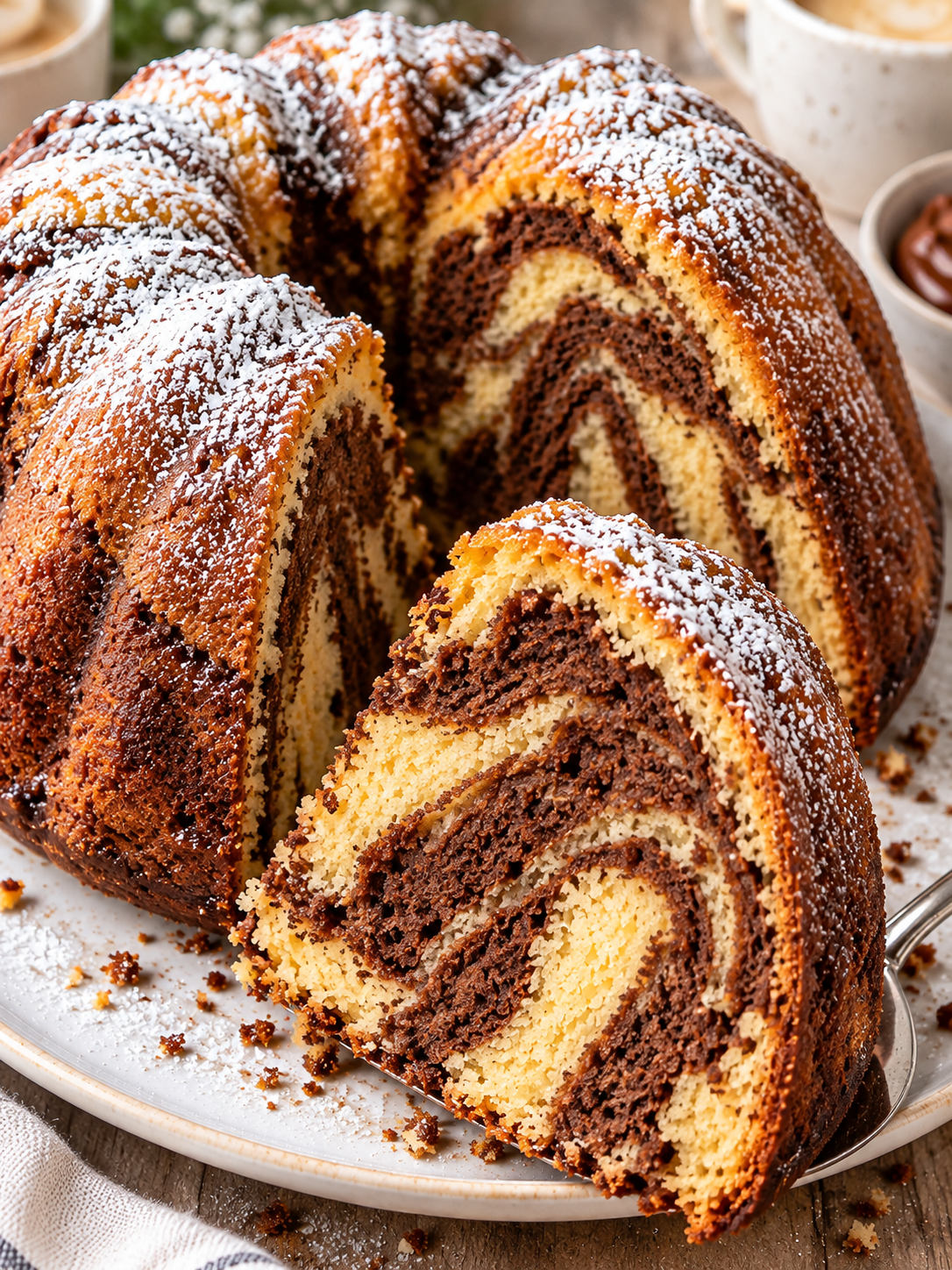 Saftiger Marmorkuchen mit Nutella-Wirbel und Puderzucker