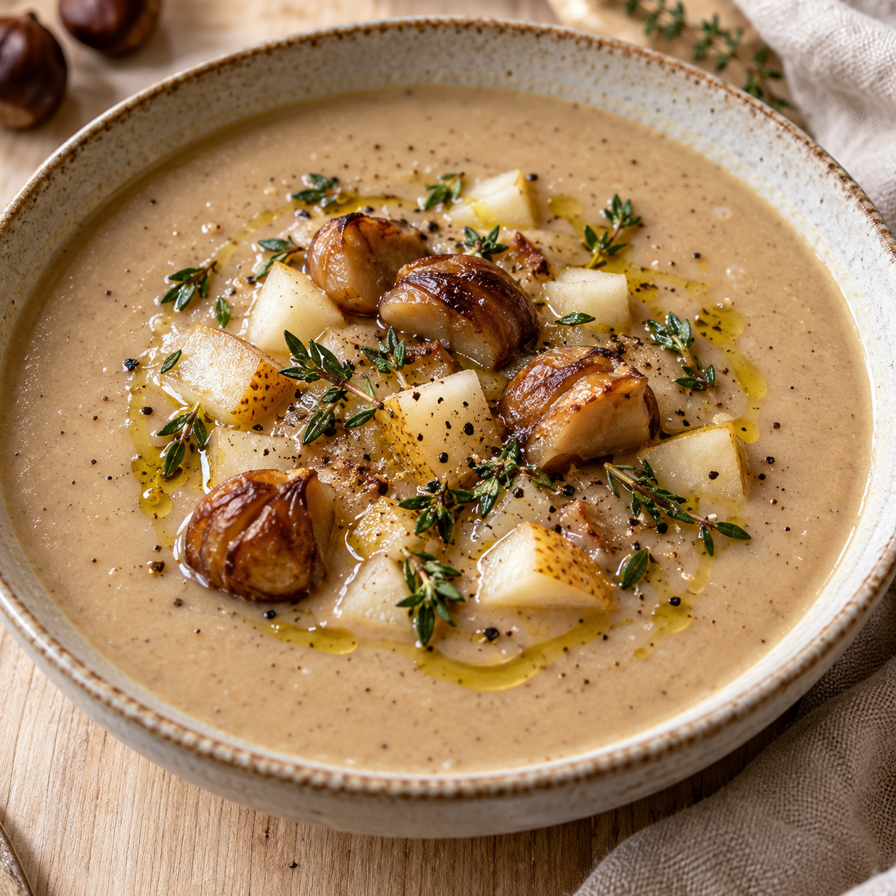 Cremige Maronensuppe mit Birne, Thymian und gerösteten Maronen