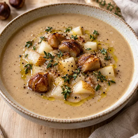 Cremige Maronensuppe mit Birne, Thymian und gerösteten Maronen