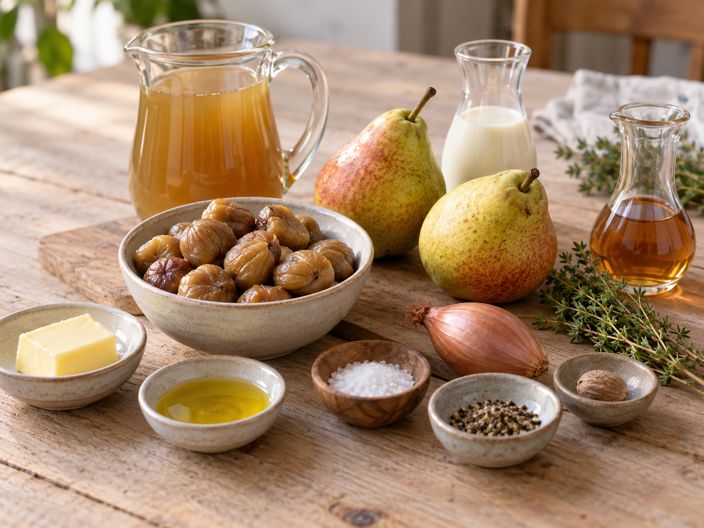Zutaten für Maronensuppe mit Birne auf hellem Holz