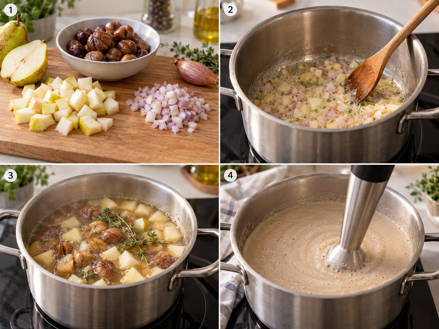 Vier Schritte für Maronensuppe mit Birne vom Schneiden bis zum Mixen