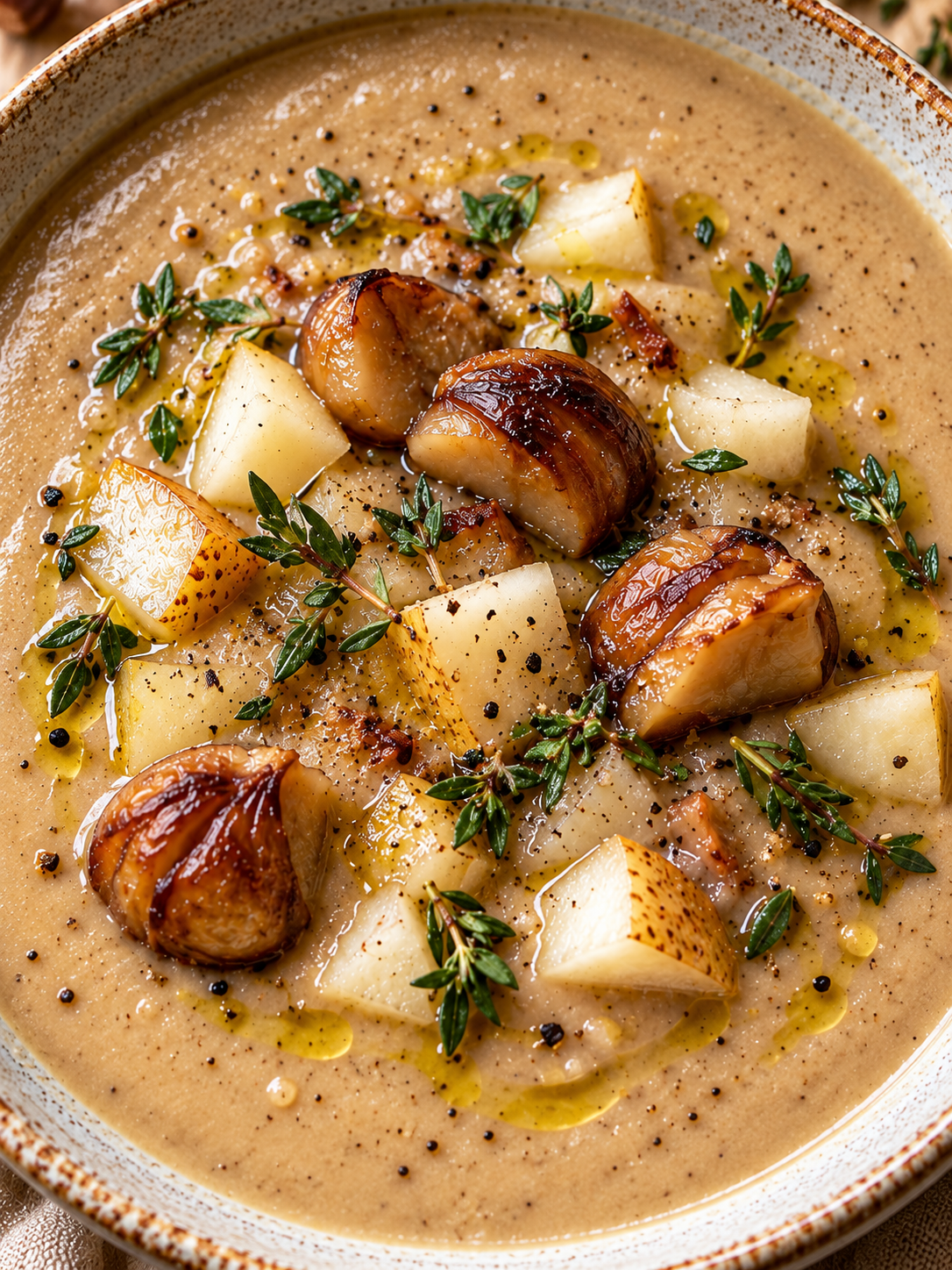Maronensuppe mit Birne, gerösteten Maronen und Thymian von oben