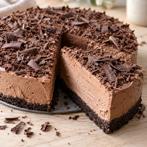 Mascarpone-Schokokuchen mit dunklem Keksboden und Schokoraspeln