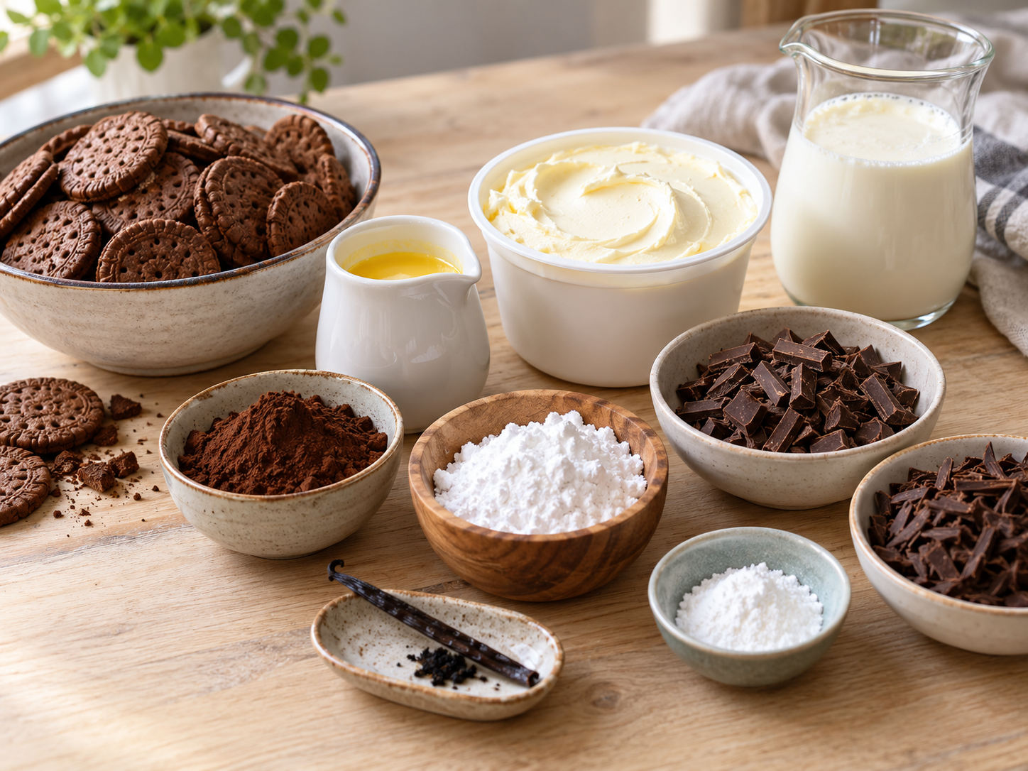 Zutaten für Mascarpone-Schokokuchen ohne Backen auf hellem Holz